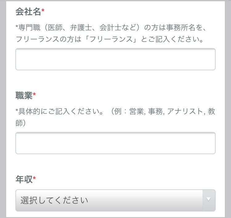 職業や年収に関するステータスの記入
