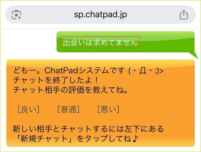 チャットパッドの会話の最初に「出会いは求めてません」と入れた証拠