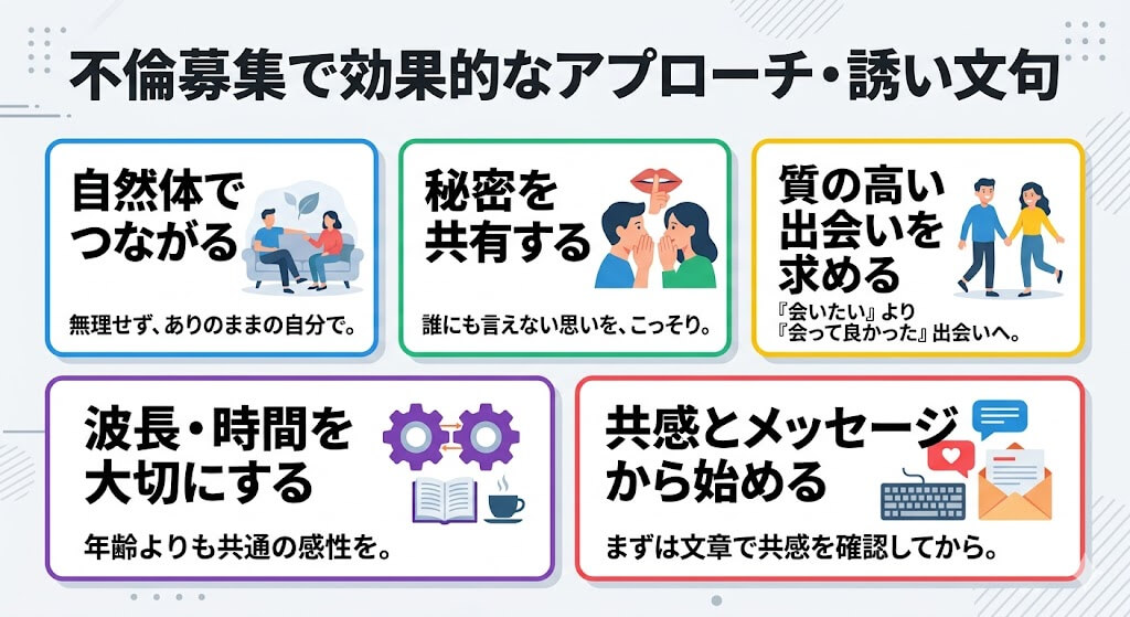 不倫募集で効果的なアプローチや誘い文句をまとめた図解