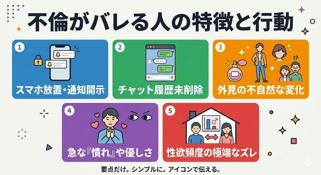 不倫がバレる人の特徴をまとめた図解