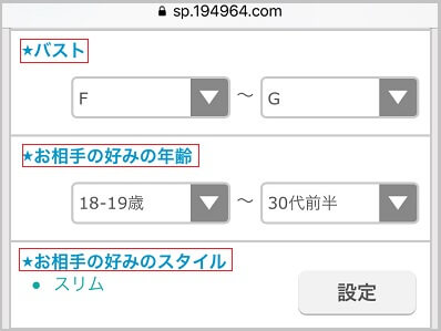 バストサイズやスタイルといった条件で検索した結果