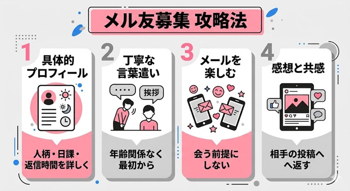 メル友募集を成功させる攻略法の要点をまとめた図解