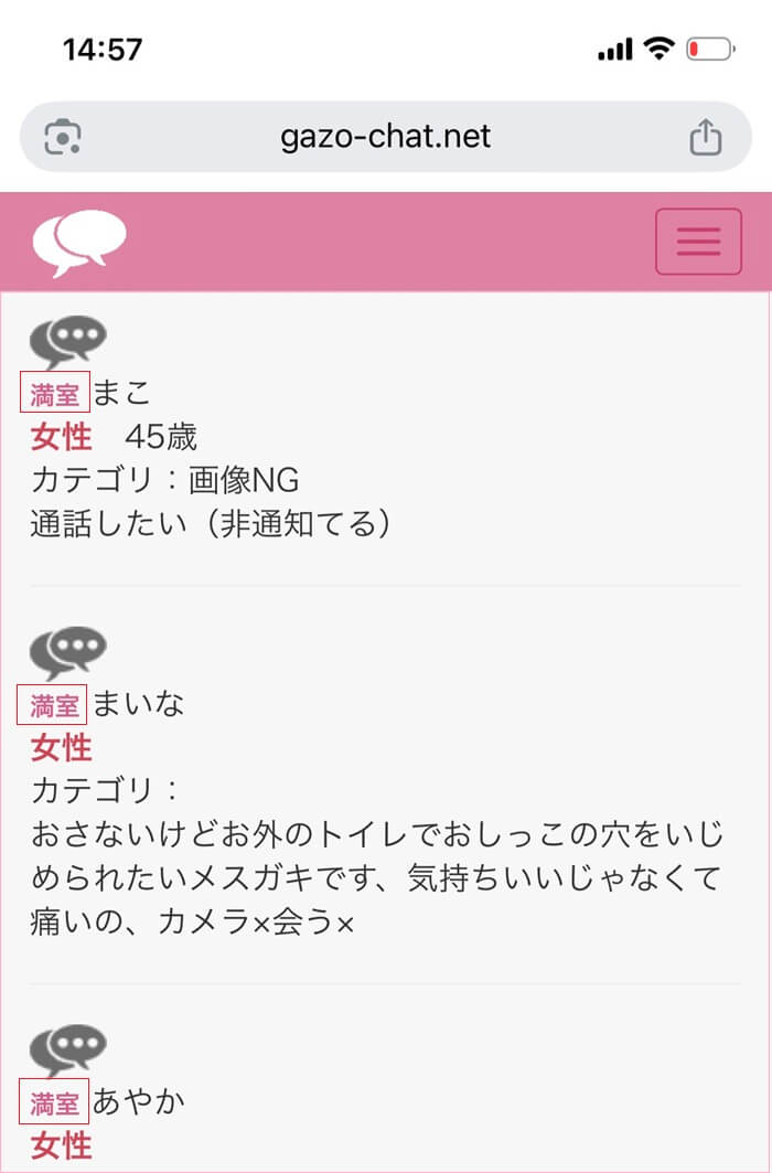 画像チャット(見せ合い)で女性部屋が満室になっている証拠