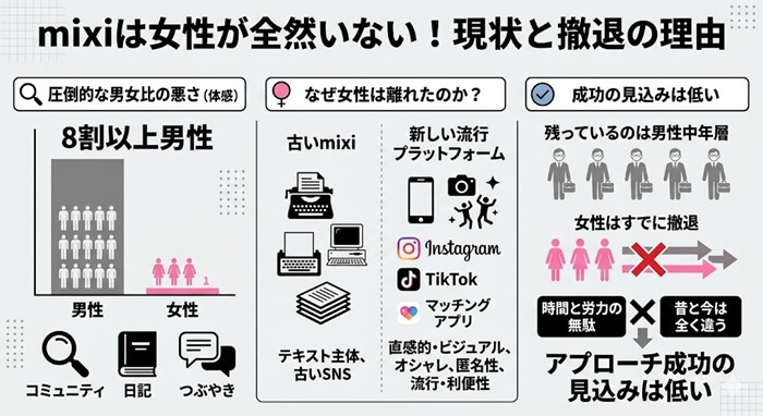 mixiは男女比が悪すぎて女性が全然いない理由をまとめた図解