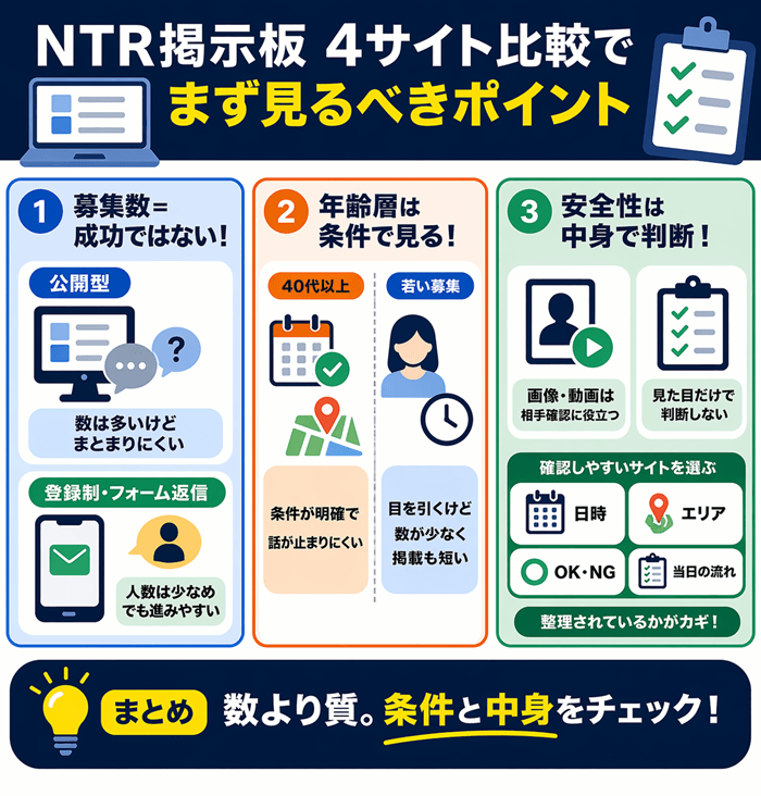 NTR掲示板4サイトを安全性・成功率・年齢層を比較した結果の独自レポート