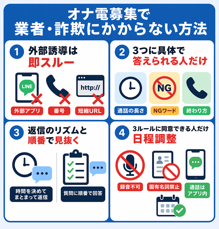 オナ電募集で業者や詐欺の罠にかからない方法をまとめた独自の図解