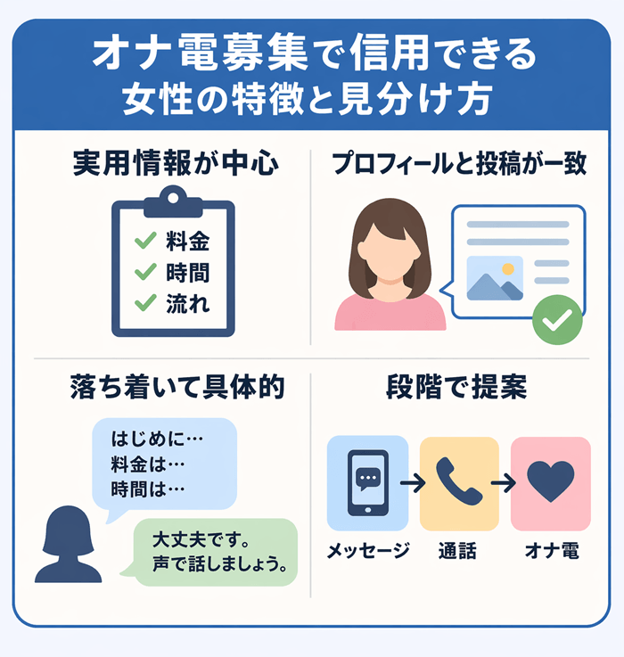 オナ電募集で信用できる女性の特徴をまとめた独自の図解