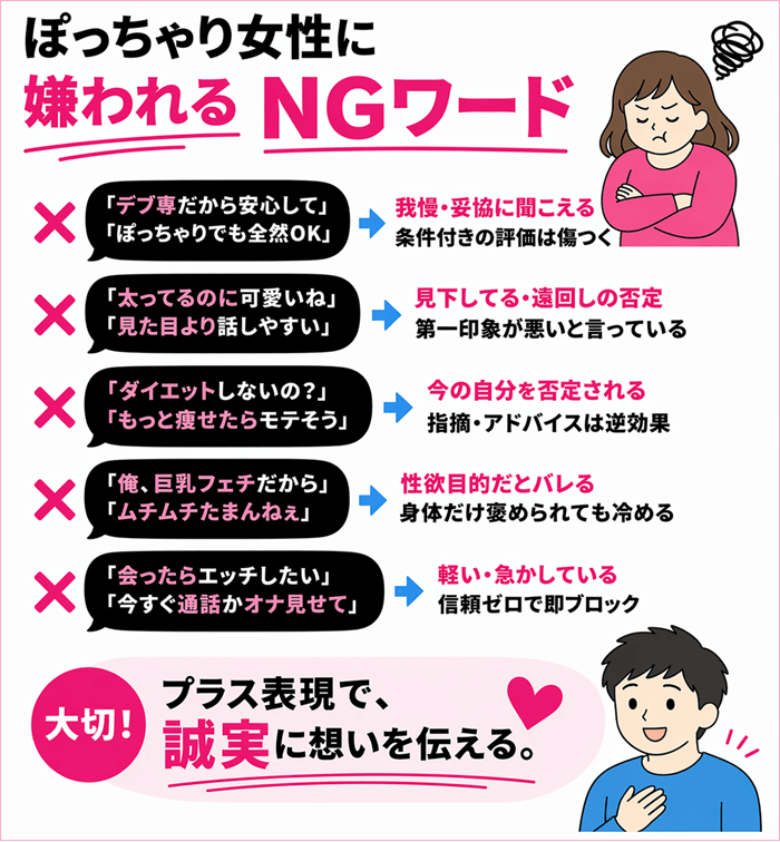 ぽっちゃり女性に嫌われるNGワードをまとめたオリジナルの図解