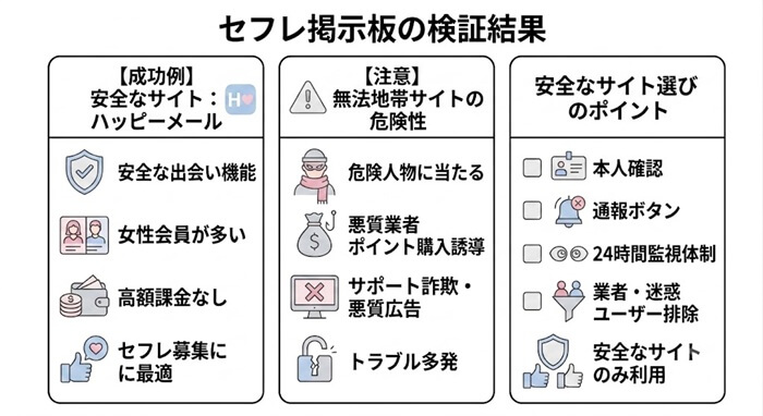 セフレ掲示板の検証結果をまとめた図解