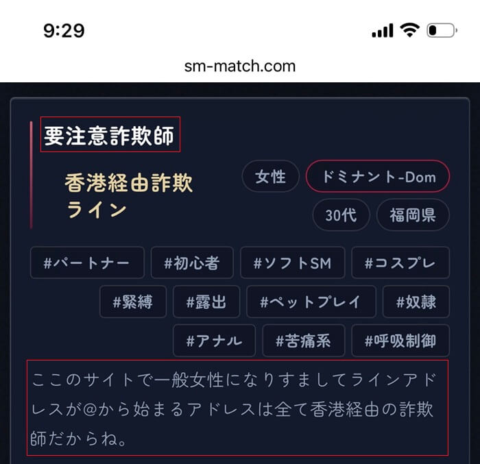 SM-Matchに詐欺師がいると注意喚起している投稿がある証拠